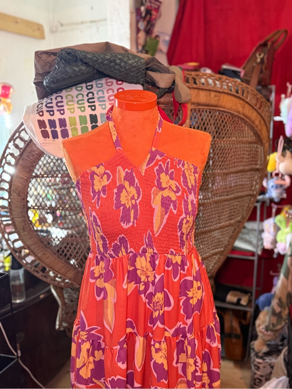Grace Karin Orange Halter Midi Dress with Fuscia and Orange Floral Print